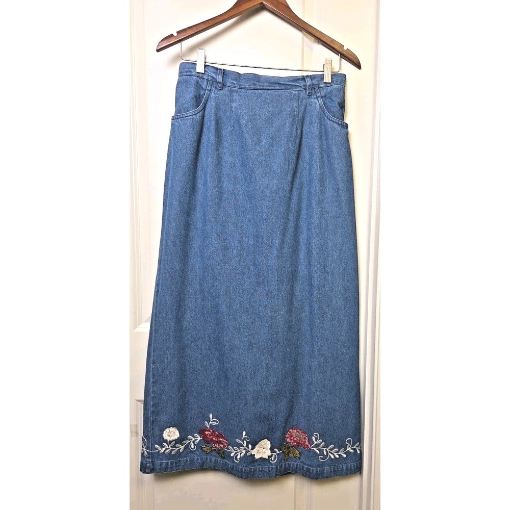Vtg 90s Y2K Denim & Co Maxi Skirt Cottagecore Floral Embroidered Long Size‎ M
